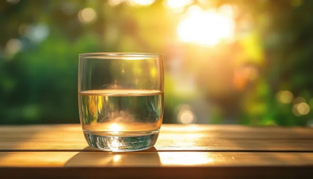 Clear water glass on wooden table, warm sunrise light with soft green bokeh