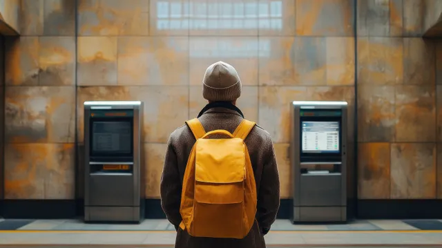 A commuter with a yellow backpack stands facing two indoor ticket kiosks near a textured wall.