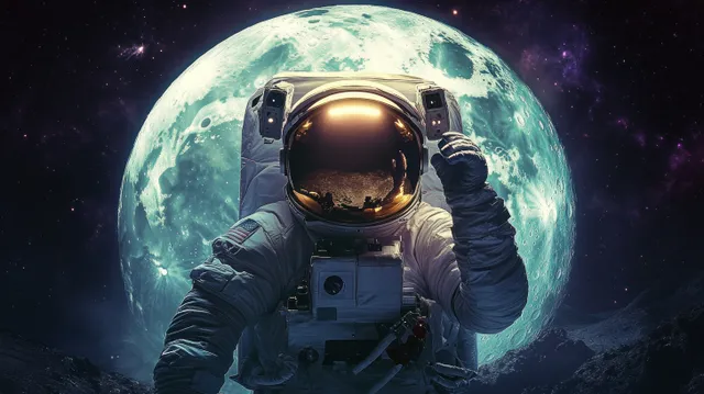 Astronaut in a spacesuit floats in space with a glowing visor and a luminous moon behind.