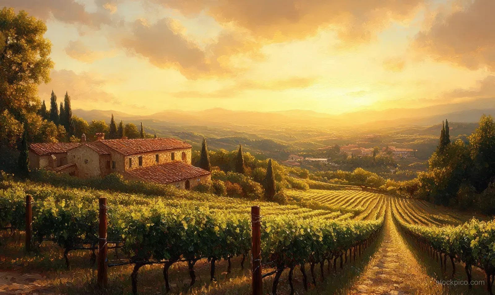 Golden sunset lights up grapevine rows leading toward distant hills beside a rustic farmhouse.