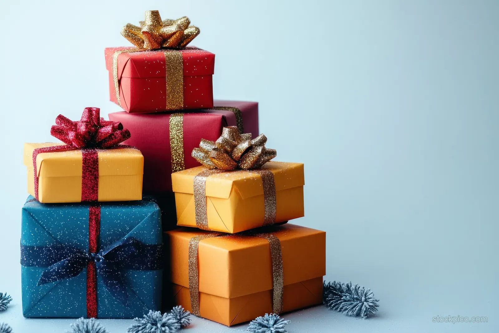 Stacked holiday gift boxes in red, blue, and gold with ribbons sit on snow-like greenery.