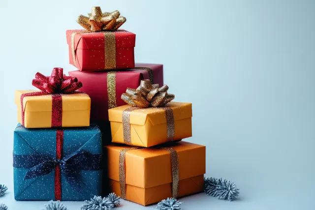 Stacked holiday gift boxes in red, blue, and gold with ribbons sit on snow-like greenery.