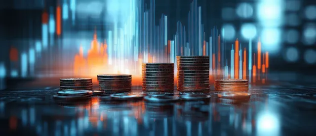 Stacked coins on a reflective surface with a glowing upward bar chart on a blurred finance screen behind them.