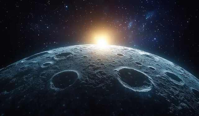 A cratered moon surface glows beneath a bright horizon light and star-filled space.