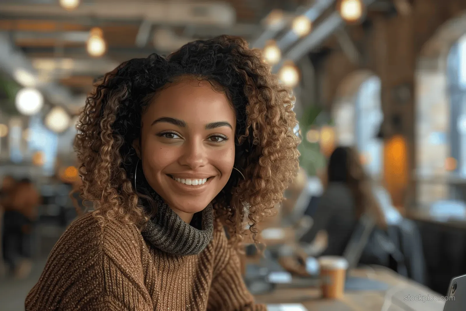 Smiling woman with curly hair sits at a cafe table using a laptop under warm indoor lights.