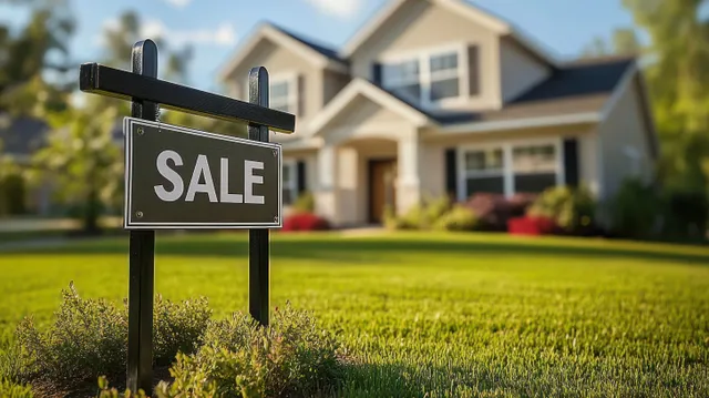 A for-sale sign is positioned in the front yard beside a modern suburban house under sunny blue sky.