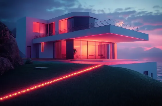 Futuristic house at night with CCTV cameras, glowing red LED pathway, and soft blue interior window light.