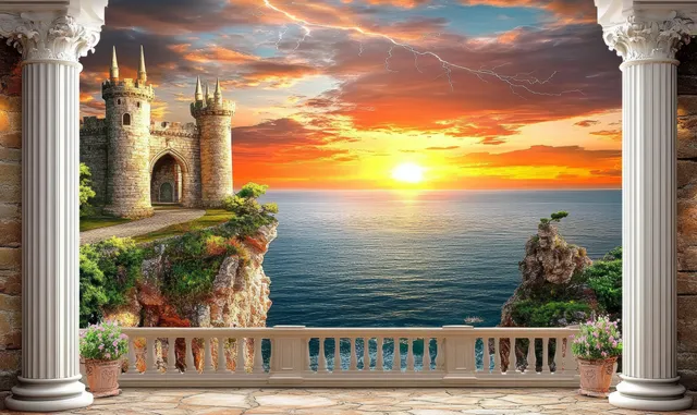 Medieval castle on a cliff above the ocean, framed by marble columns during a stormy sunset with lightning.