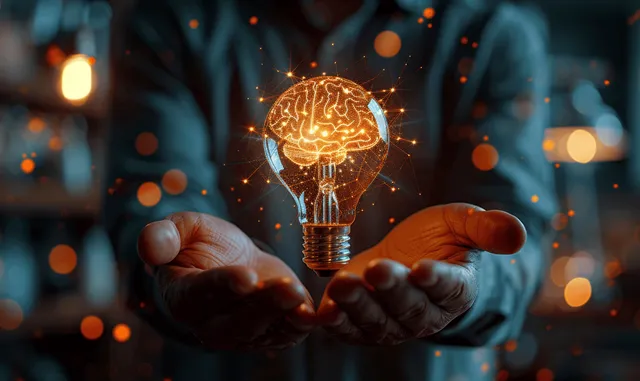 A businessman holds a glowing virtual lightbulb containing brain circuitry with blue bokeh lights behind.