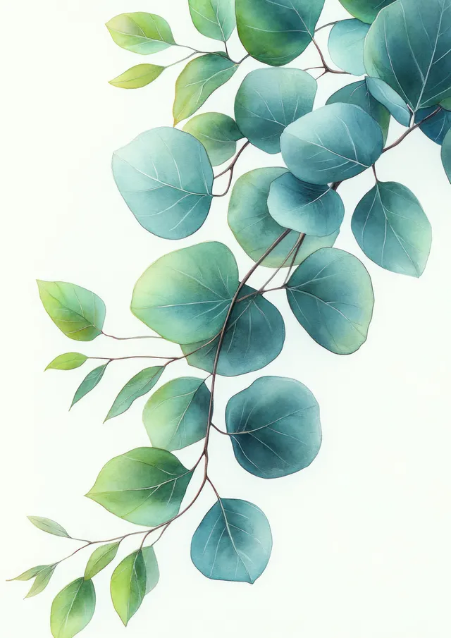 Watercolor eucalyptus leaves and stems arranged diagonally on a clean white background.