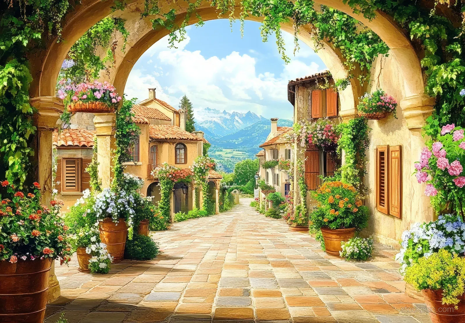 Sunlit European street under a vine-covered stone archway with blooming flower boxes along rustic buildings.