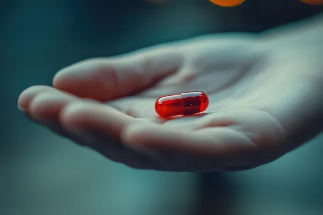 A hand holds a single red capsule pill against a softly blurred blue background.
