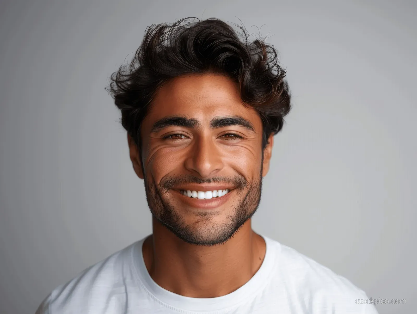 Smiling young man in a white t-shirt close-up with visible bright teeth against a soft gray background.