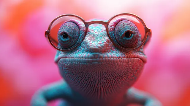 A close-up chameleon wearing sunglasses sits centered on a bright pink background with a soft glow.