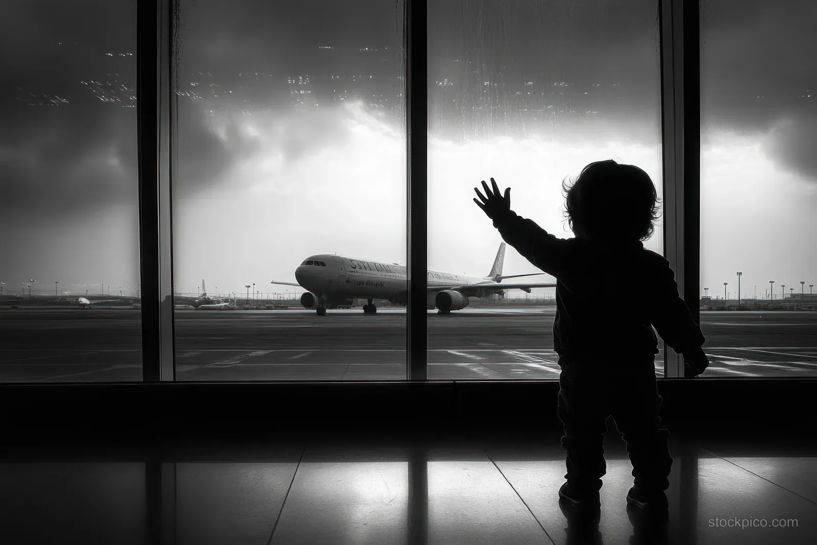 Silhouette of a child waving beside an airport window with an airplane parked on the runway in cloudy light.