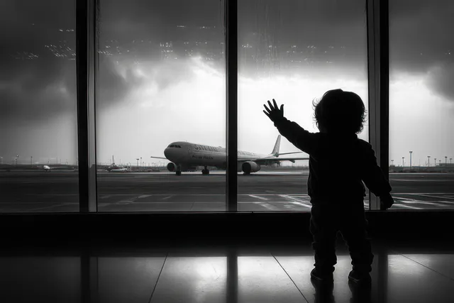 Silhouette of a child waving beside an airport window with an airplane parked on the runway in cloudy light.