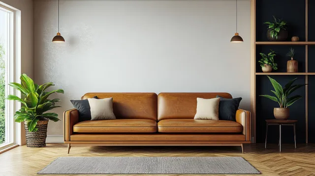 Brown leather sofa with white cushions sits on wooden flooring in a minimalist living room with potted plants.