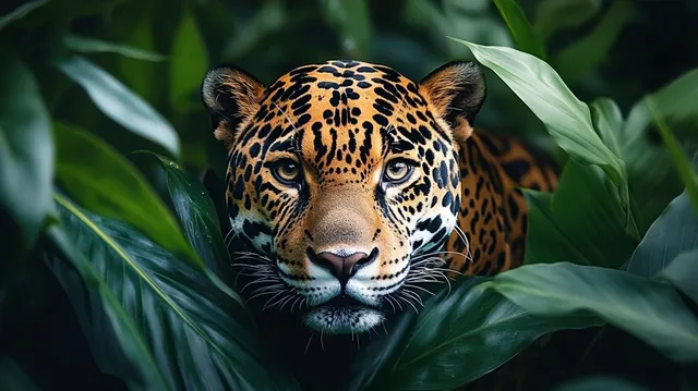Jaguar face partially hidden in dense tropical leaves, staring with intense alert eyes