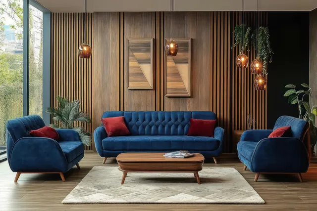 Blue velvet sofas around wood coffee table in warmly lit modern living room with plants