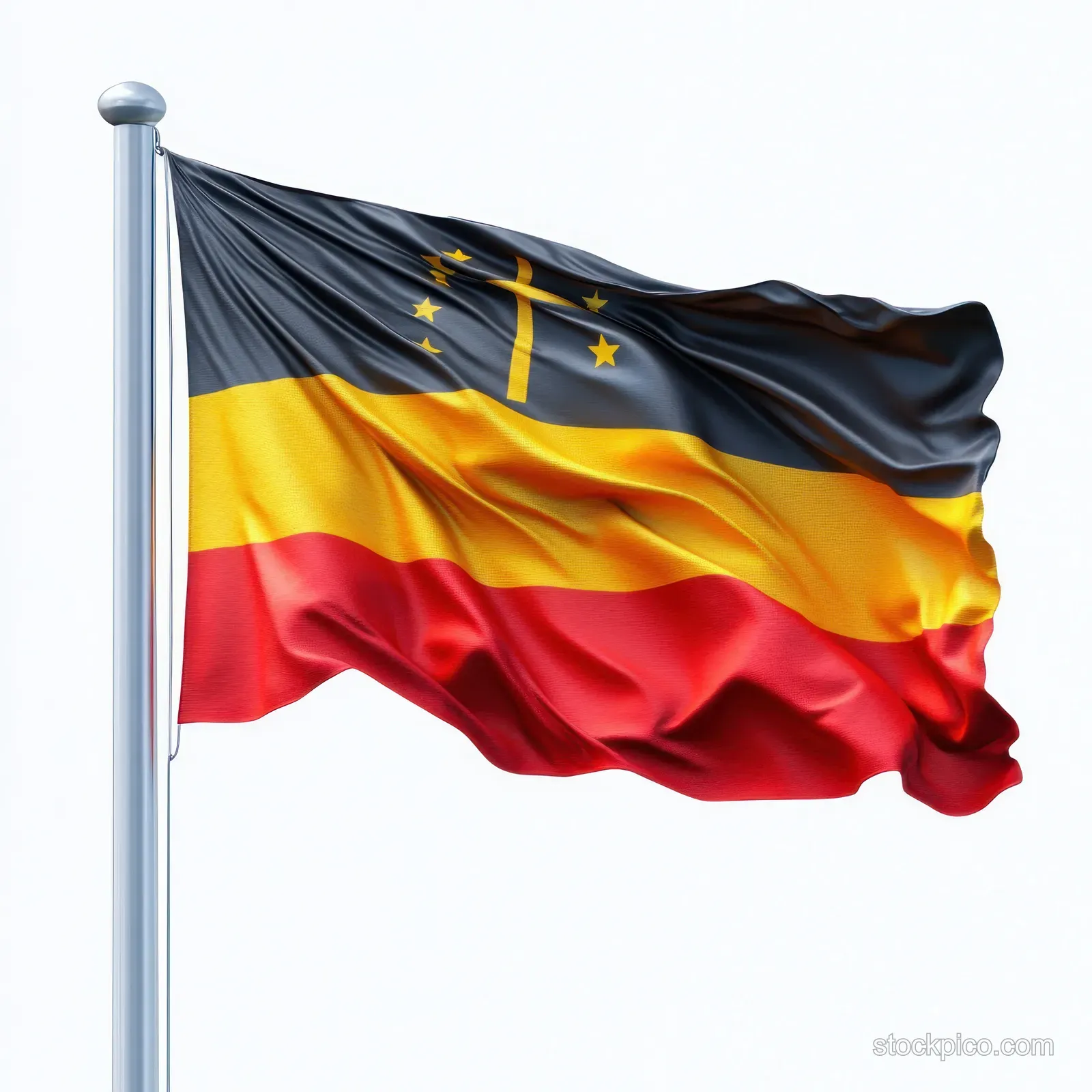 Waving black yellow red tricolor flag with five stars and sword emblem on a pole against a white background.