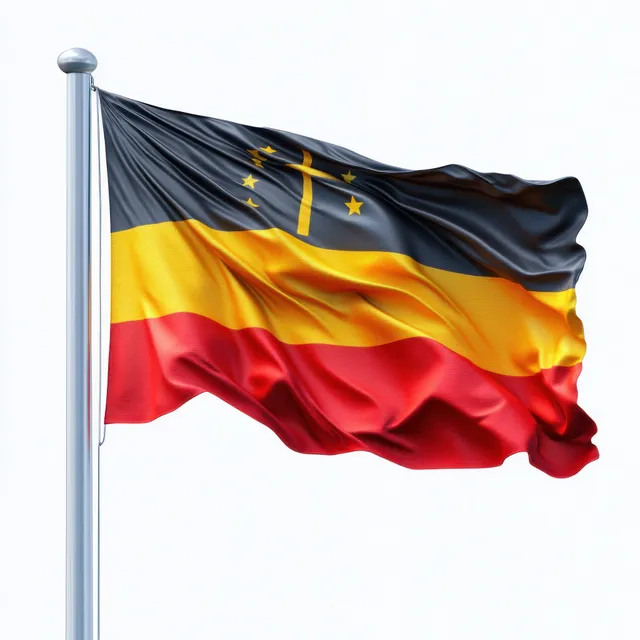 Waving black yellow red tricolor flag with five stars and sword emblem on a pole