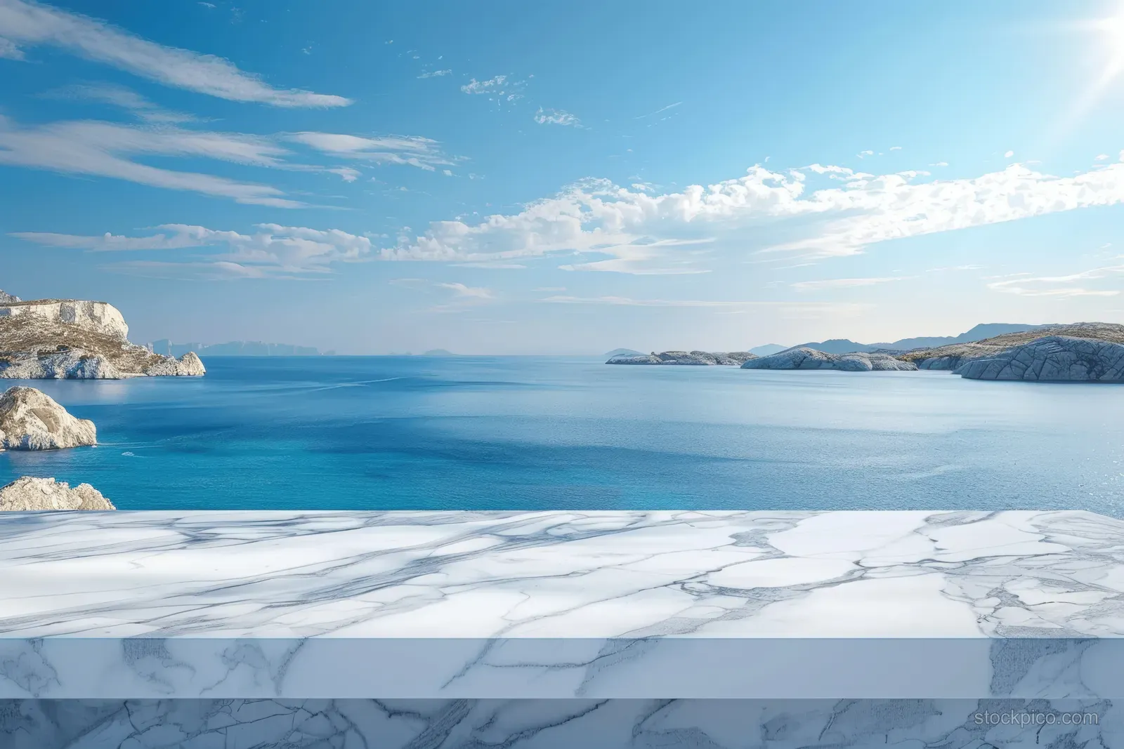 White marble tabletop with veined texture in front of a calm blue sea and Greek island coastline.
