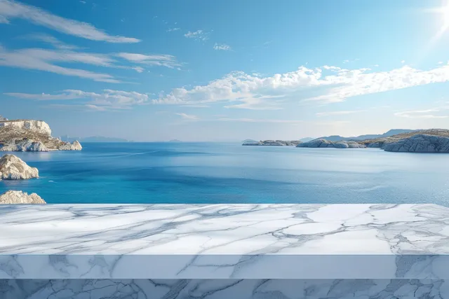 White marble tabletop with veined texture in front of a calm blue sea and Greek island coastline.