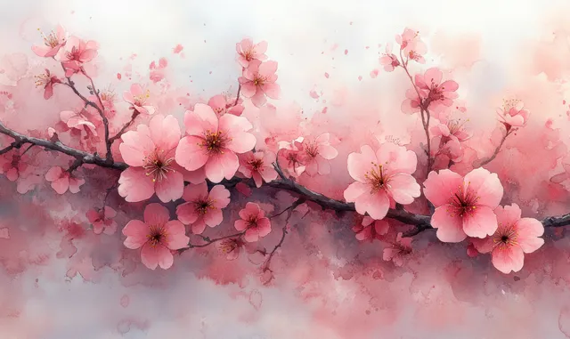 Pink cherry blossom branches with full bloom flowers and scattered petals painted in watercolor across a pale background.