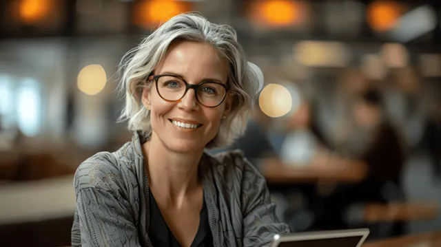 Smiling middle-aged woman holding a digital tablet in a warmly lit office with blurred coworkers behind her.