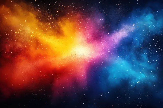 A colorful cosmic nebula of yellow, red, purple, and blue clouds glows through deep space filled with tiny stars.