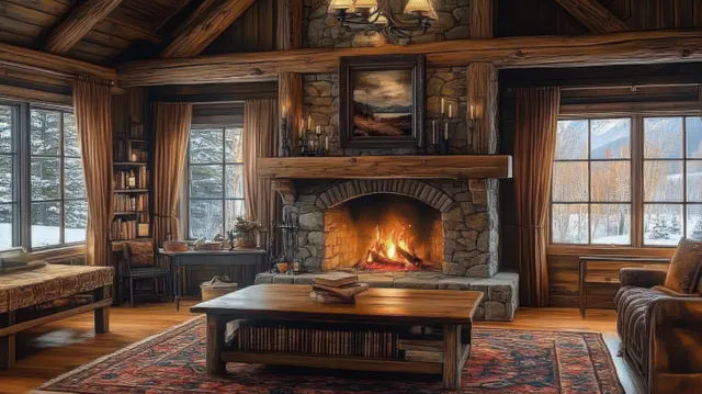 Rustic living room with a lit stone fireplace, wooden beams, patterned rug, and snowy landscape visible through large windows.