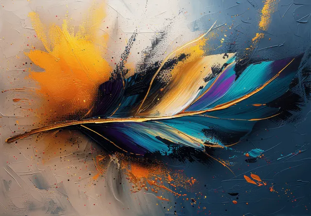Abstract leaf painting with gold accents on grey background, black and teal splashes