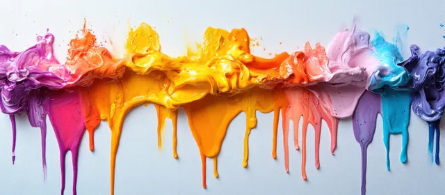 Goteos de pintura coloridos cuelgan desde la parte superior de un lienzo blanco, formando vetas brillantes y manchas salpicadas.