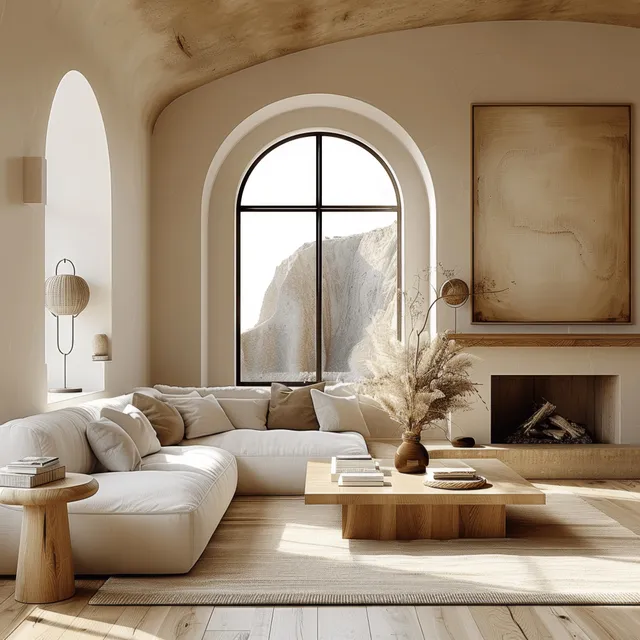 Minimalist Mediterranean living room with arched window, white sofa, beige fireplace