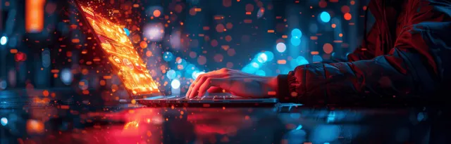 A person’s hands use a tablet while glowing data charts and digital particles surround a dark cyber finance workspace.