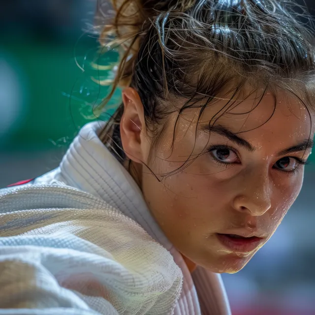Italian female judoka in a white gi gripping during an intense judo match with a blurred arena background.