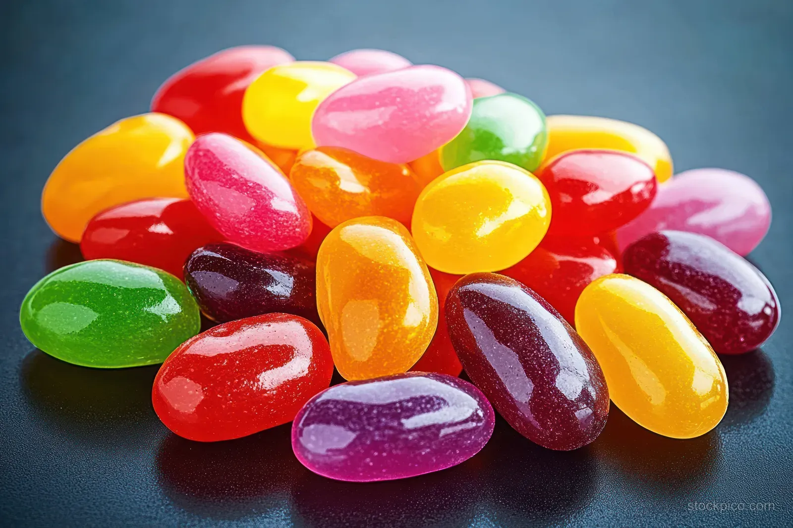 Assorted shiny jelly beans in red, yellow, green, orange, pink, and purple piled on a dark surface.