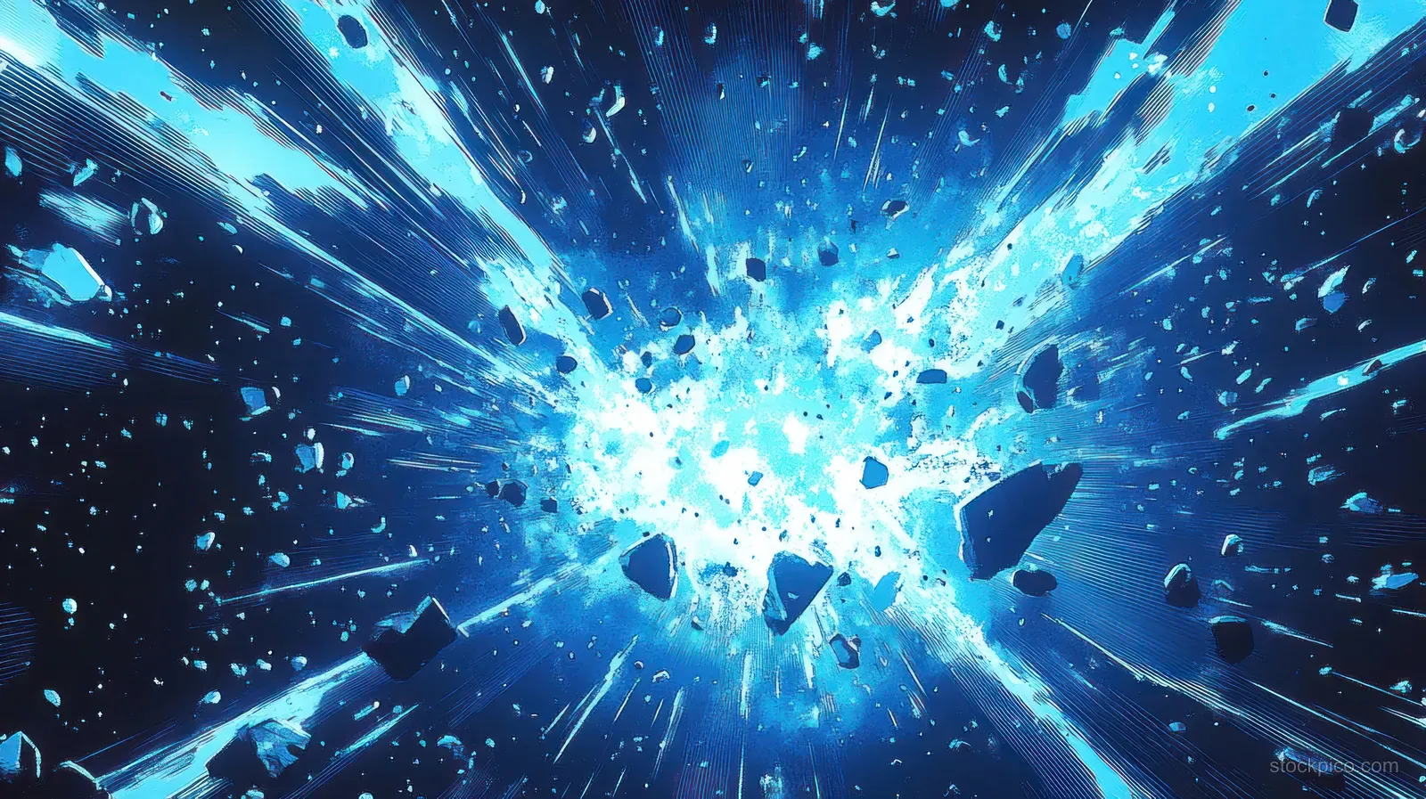 Blue lightning energy blast explodes from the center with flying debris and radial comic motion effects.