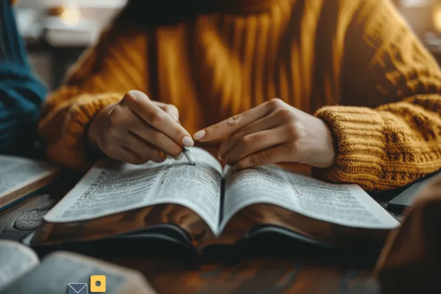 Hands holding open Bible during home prayer study on a bright sunny afternoon