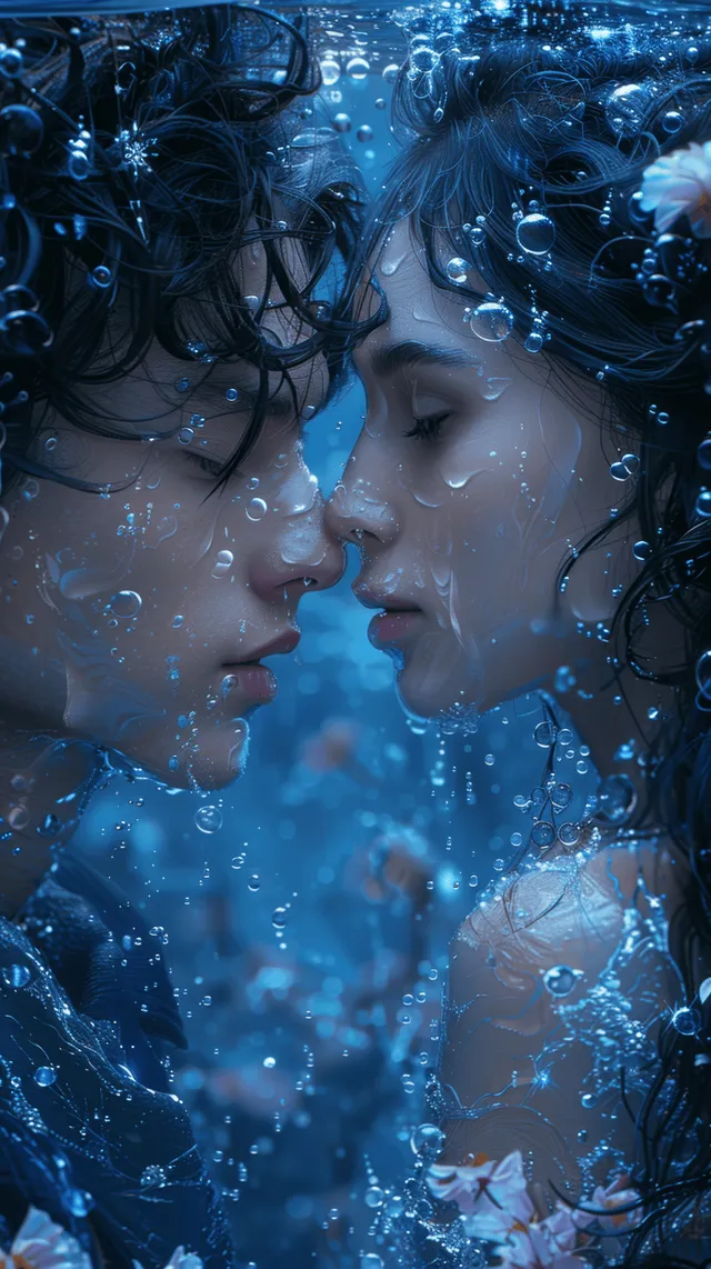 Underwater couple kissing in a blue fantasy world with glowing bubbles and water droplets