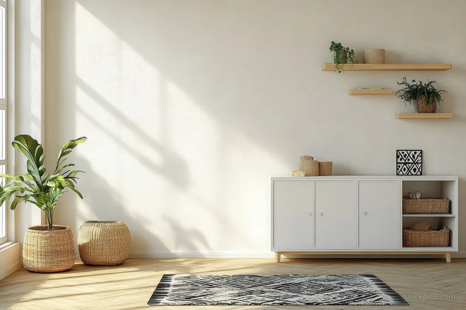 Sunlit minimalist living room with a white cabinet, wall shelves, plants, and a dark rug on wooden floor.