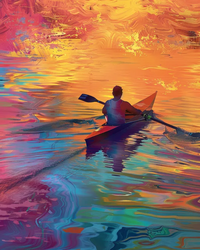 A woman rows a single scull on sunset water, with colorful reflections and ripples across the surface.