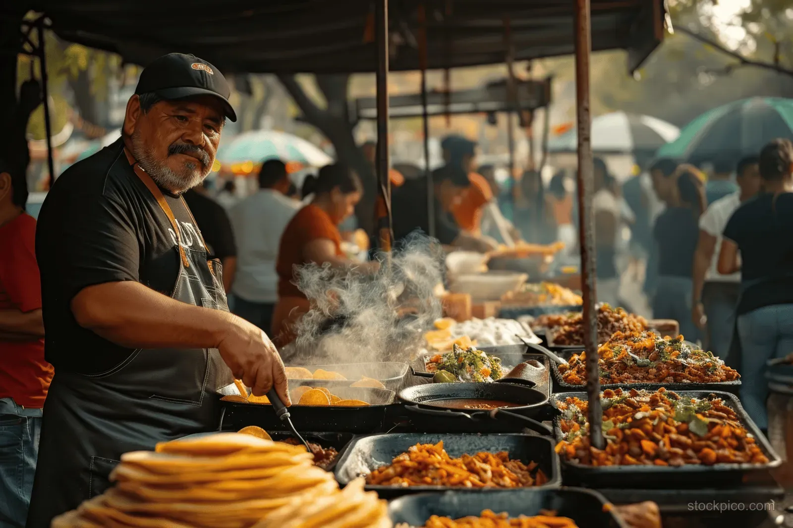 A taco vendor grills al pastor meat on a street stall while a crowd gathers in Mexico City.
