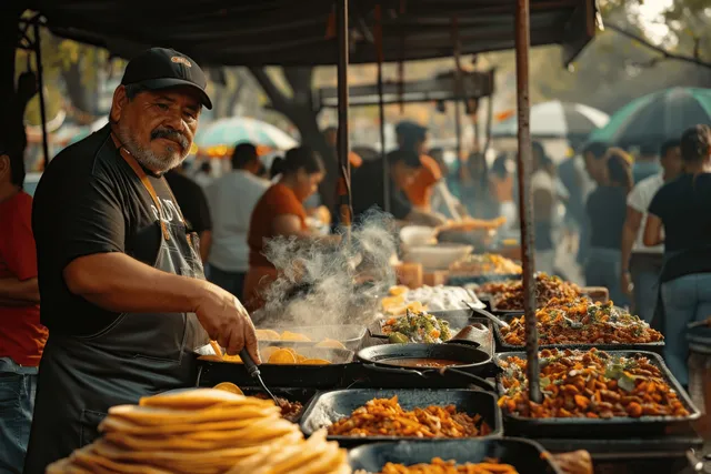 Street taco vendor grilling al pastor meat at busy Mexico City stall during evening crowd