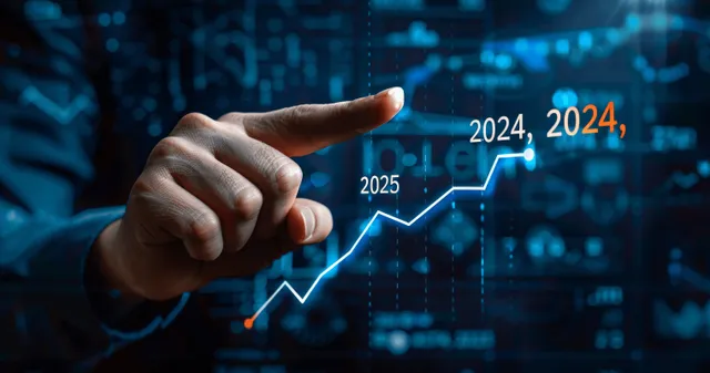 A businessman’s pointing hand directs attention to an upward 2024 financial chart on a digital dashboard.