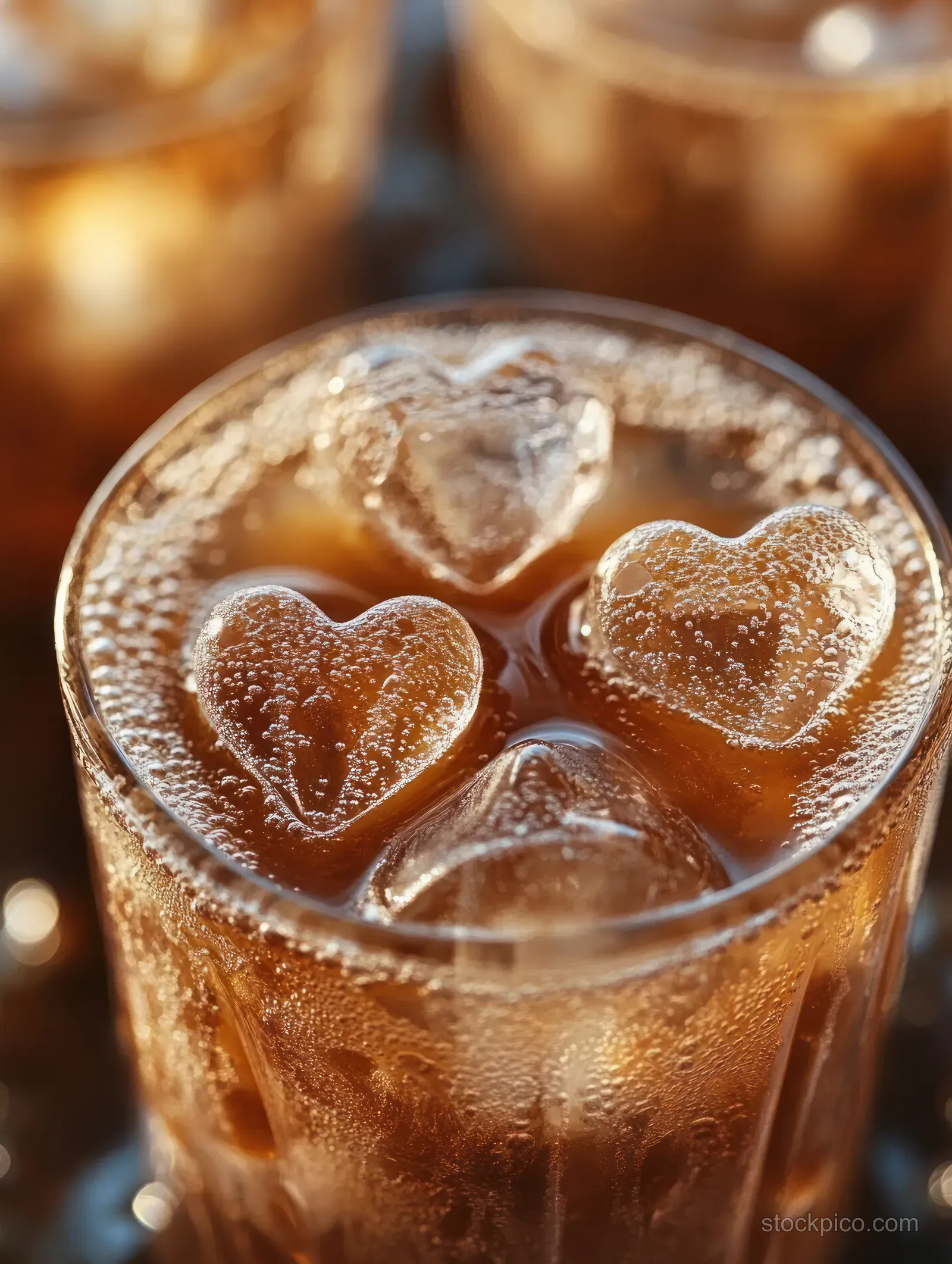 Close-up of iced cola in a glass with heart-shaped ice cubes, condensation droplets, and faint carbonation bubbles.