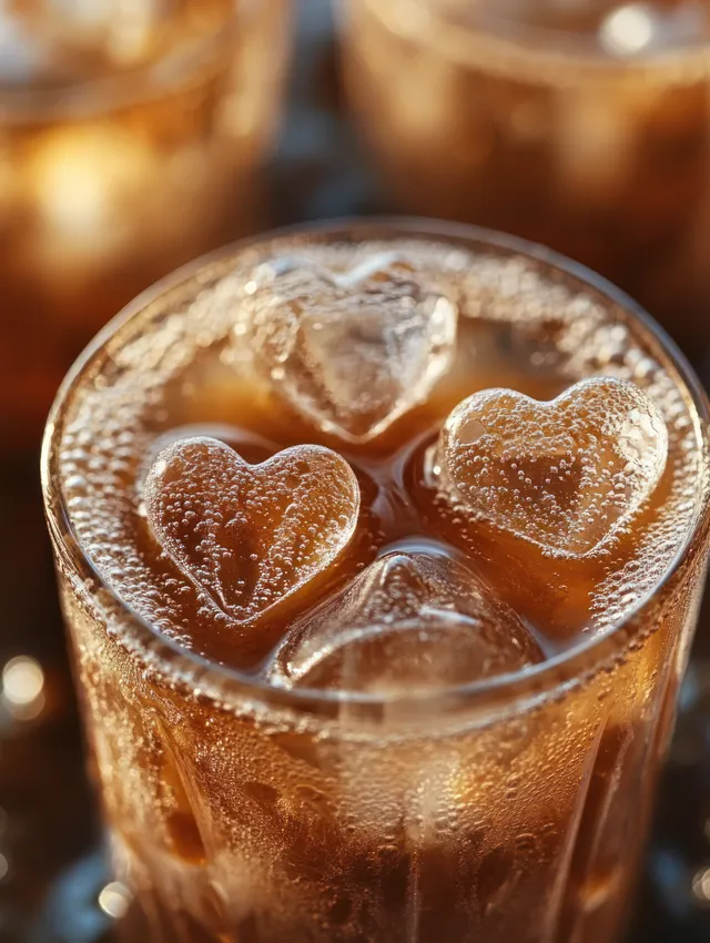 Close-up of iced cola in a glass with heart-shaped ice cubes, condensation droplets, and faint carbonation bubbles.