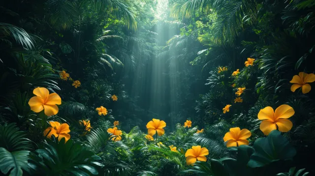Misty jungle waterfall surrounded by dense tropical leaves and bright yellow flowers in dappled sunlight.