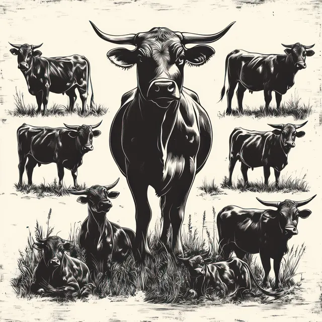 Central bull faces forward among several cows standing and lying in a grassy field in monochrome engraving style.