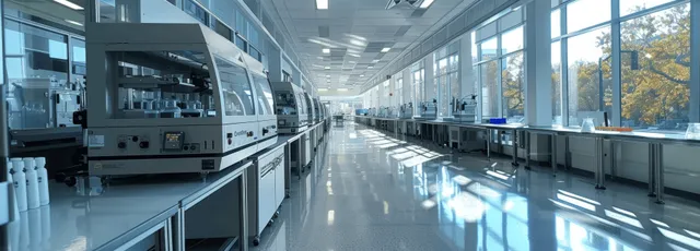 A modern laboratory corridor with analytic instruments on benches and bright panoramic windows.